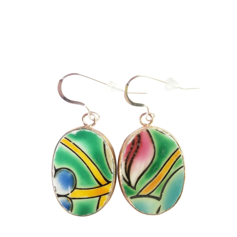 Vintage Porcelain Pottery Shard Earrings Floral Green Pink on Sterling Silver